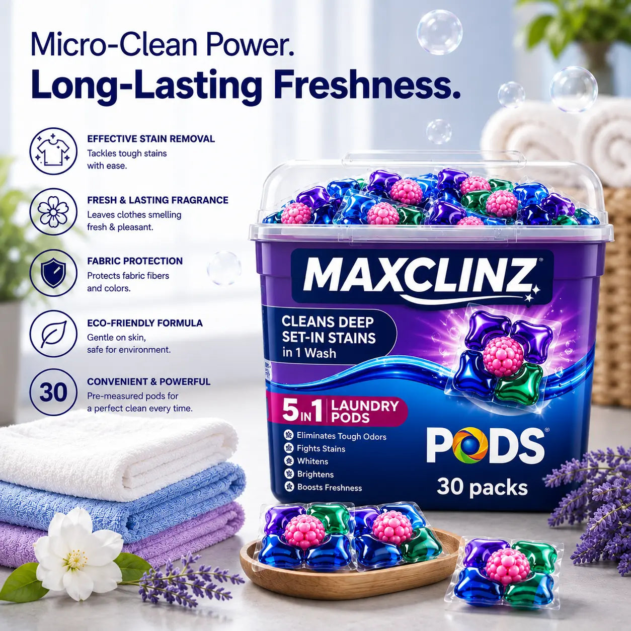 MAXCLINZ™ 5-in-1 Laundry Detergent Pods | Tough Stain Remover for Top & Front Load Washing Machines |1 Pod = 1 Wash (5–7kg Load)
