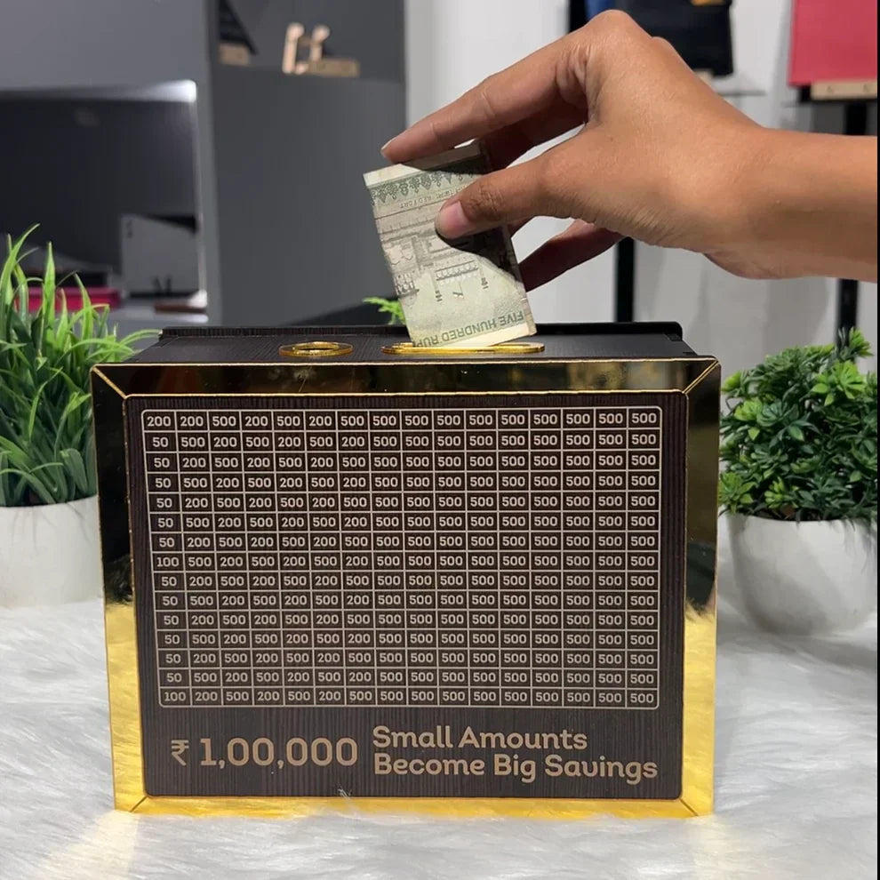 The Golden Wooden 1 Lakh Money Saving Piggy Bank With FREE Laxmi & Kuber Yantra for Money Manifestations