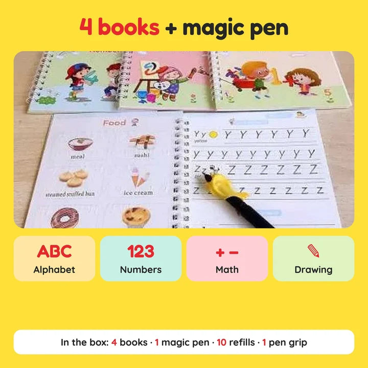 βοΈπͺ Magic Practice Copybook for Kids β 4-in-1 Reusable Set with 10 Refills (Alphabet Β· Numbers Β· Math Β· Drawing) πβ¨