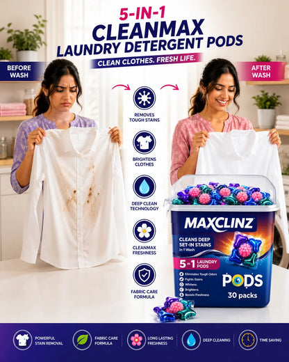 MAXCLINZ™ 5-in-1 Laundry Detergent Pods | Tough Stain Remover for Top & Front Load Washing Machines |1 Pod = 1 Wash (5–7kg Load)
