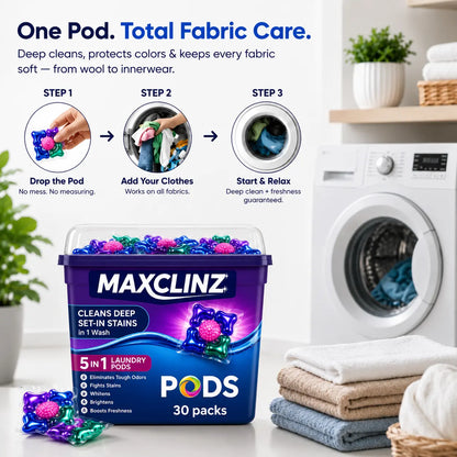 MAXCLINZ™ 5-in-1 Laundry Detergent Pods | Tough Stain Remover for Top & Front Load Washing Machines |1 Pod = 1 Wash (5–7kg Load)