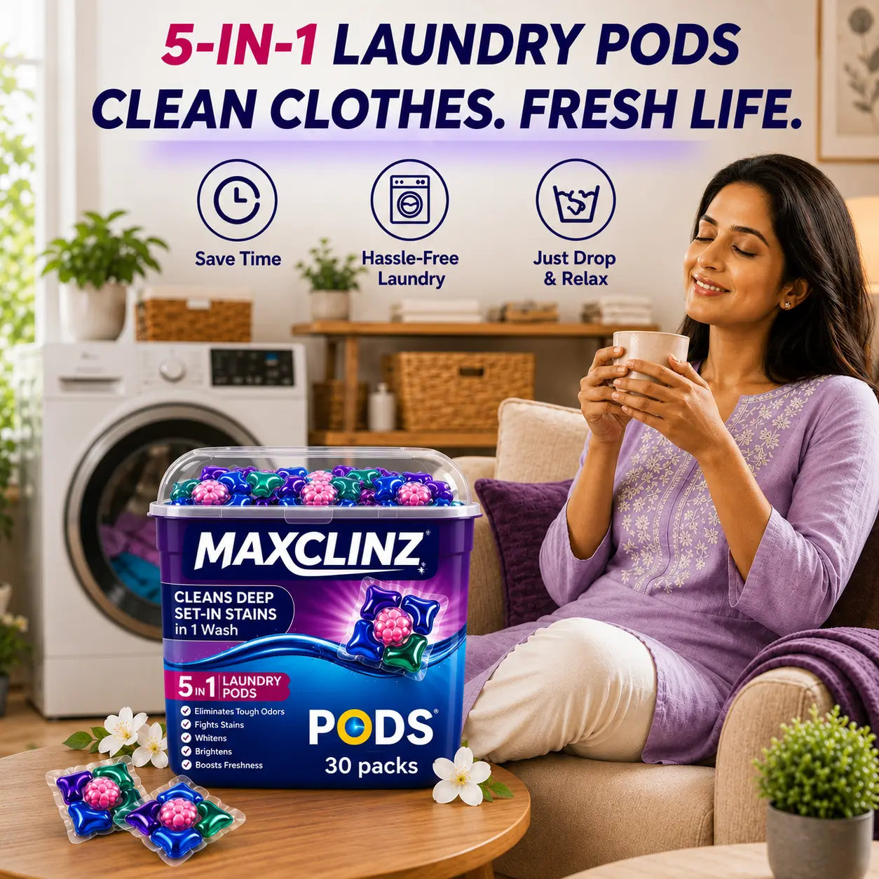 MAXCLINZ™ 5-in-1 Laundry Detergent Pods | Tough Stain Remover for Top & Front Load Washing Machines |1 Pod = 1 Wash (5–7kg Load)