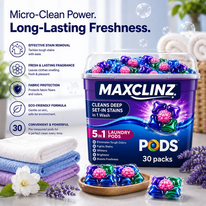 MAXCLINZ™ 5-in-1 Laundry Detergent Pods | Tough Stain Remover for Top & Front Load Washing Machines |1 Pod = 1 Wash (5–7kg Load)