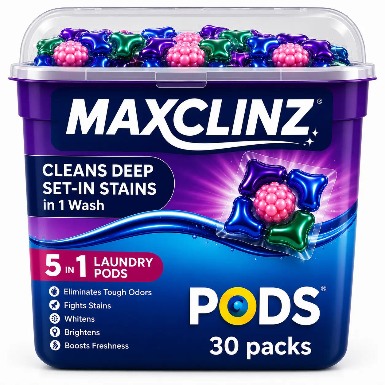 MAXCLINZ™ 5-in-1 Laundry Detergent Pods | Tough Stain Remover for Top & Front Load Washing Machines |1 Pod = 1 Wash (5–7kg Load)