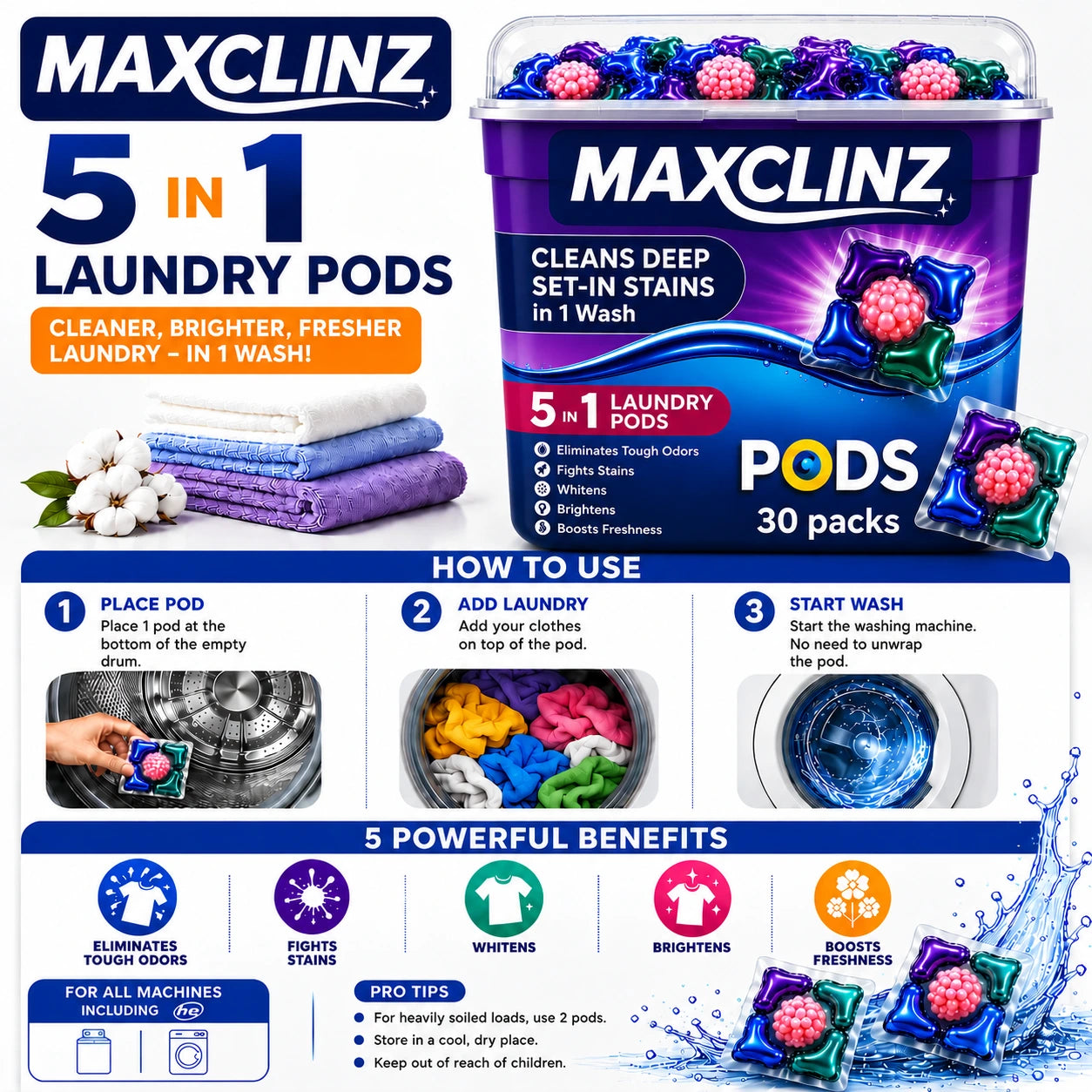 MAXCLINZ™ 5-in-1 Laundry Detergent Pods | Tough Stain Remover for Top & Front Load Washing Machines |1 Pod = 1 Wash (5–7kg Load)