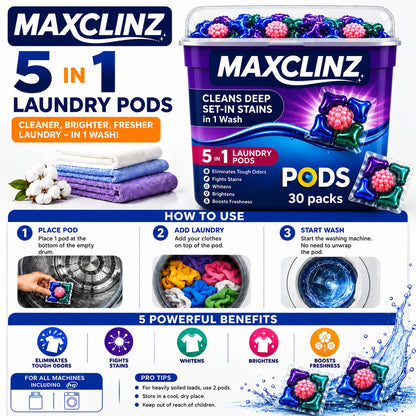 MAXCLINZ™ 5-in-1 Laundry Detergent Pods | Tough Stain Remover for Top & Front Load Washing Machines |1 Pod = 1 Wash (5–7kg Load)