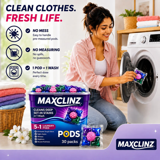 MAXCLINZ™ 5-in-1 Laundry Detergent Pods | Tough Stain Remover for Top & Front Load Washing Machines |1 Pod = 1 Wash (5–7kg Load)