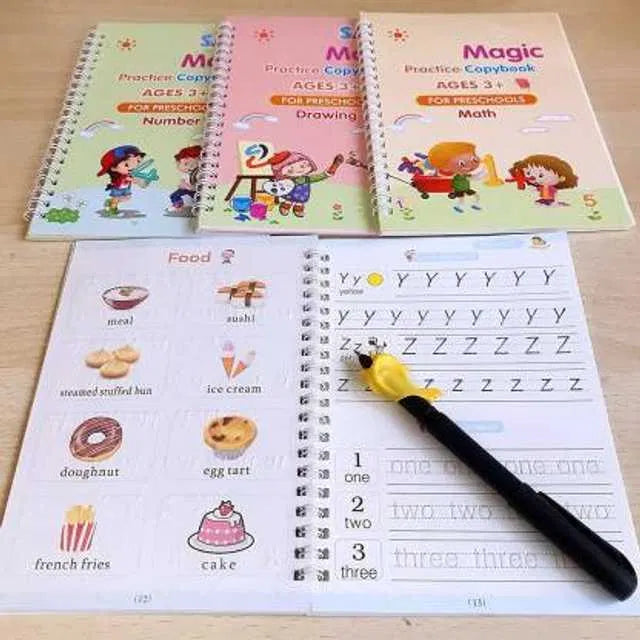 ✏️🪄 Magic Practice Copybook for Kids – 4-in-1 Reusable Set with 10 Refills (Alphabet · Numbers · Math · Drawing) 📚✨