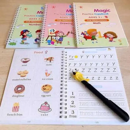 ✏️🪄 Magic Practice Copybook for Kids – 4-in-1 Reusable Set with 10 Refills (Alphabet · Numbers · Math · Drawing) 📚✨