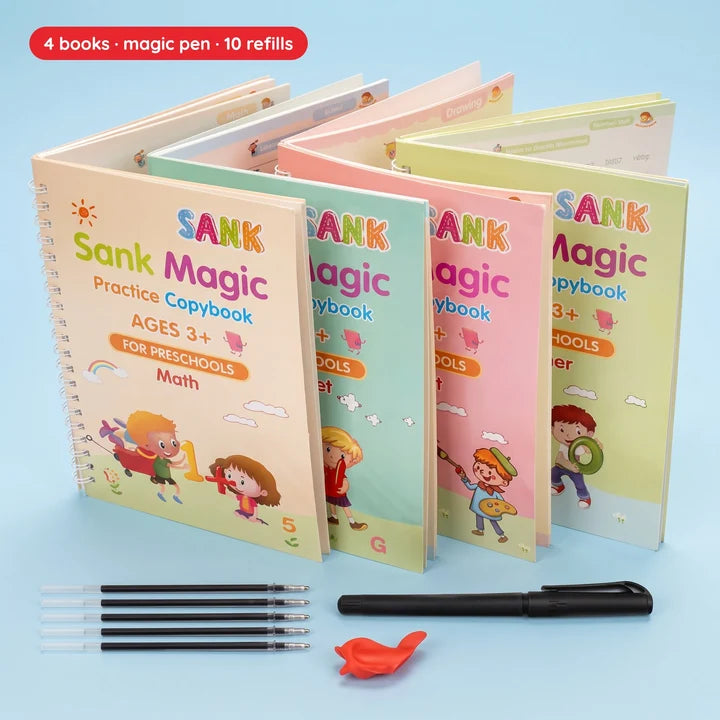 ✏️🪄 Magic Practice Copybook for Kids – 4-in-1 Reusable Set with 10 Refills (Alphabet · Numbers · Math · Drawing) 📚✨