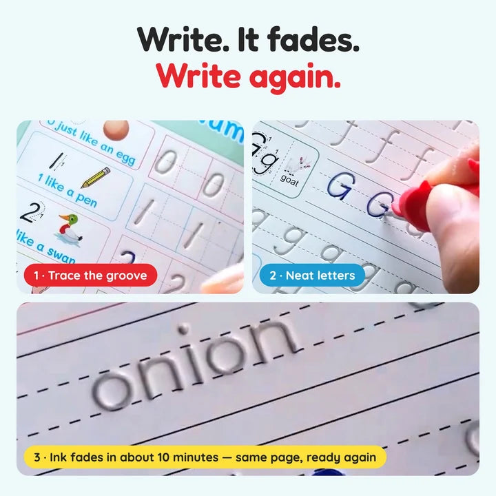 ✏️🪄 Magic Practice Copybook for Kids – 4-in-1 Reusable Set with 10 Refills (Alphabet · Numbers · Math · Drawing) 📚✨