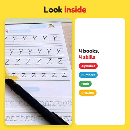 ✏️🪄 Magic Practice Copybook for Kids – 4-in-1 Reusable Set with 10 Refills (Alphabet · Numbers · Math · Drawing) 📚✨