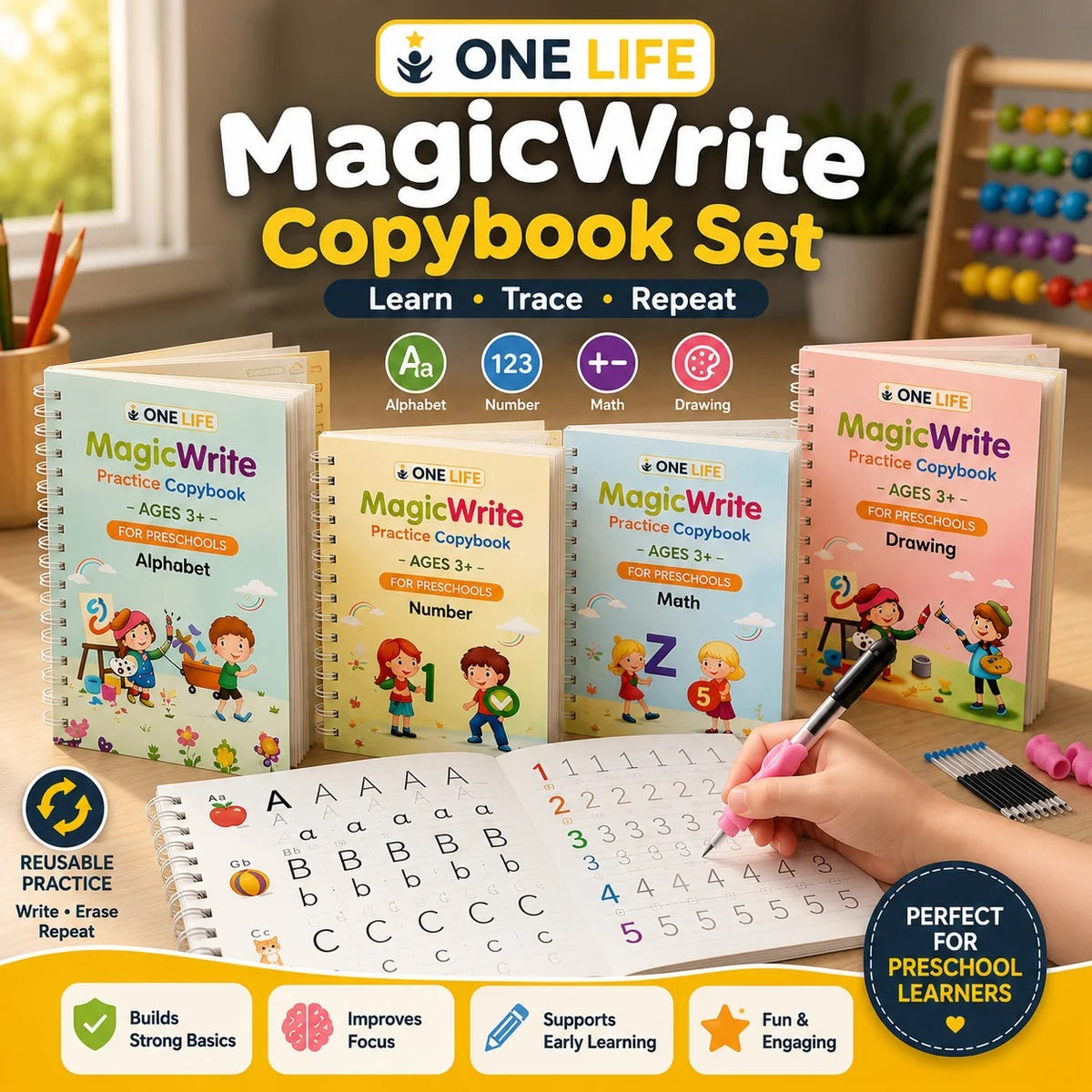✏️🪄 Magic Practice Copybook for Kids – 4-in-1 Reusable Set with 10 Refills (Alphabet · Numbers · Math · Drawing) 📚✨