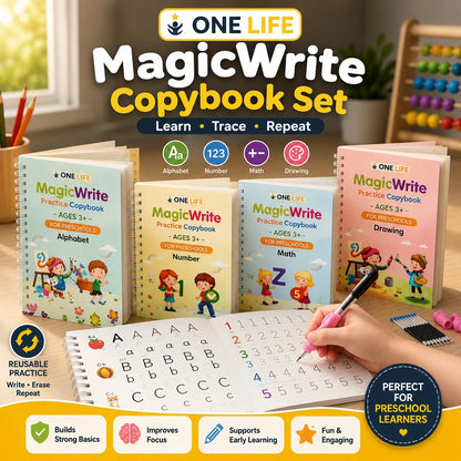✏️🪄 Magic Practice Copybook for Kids – 4-in-1 Reusable Set with 10 Refills (Alphabet · Numbers · Math · Drawing) 📚✨