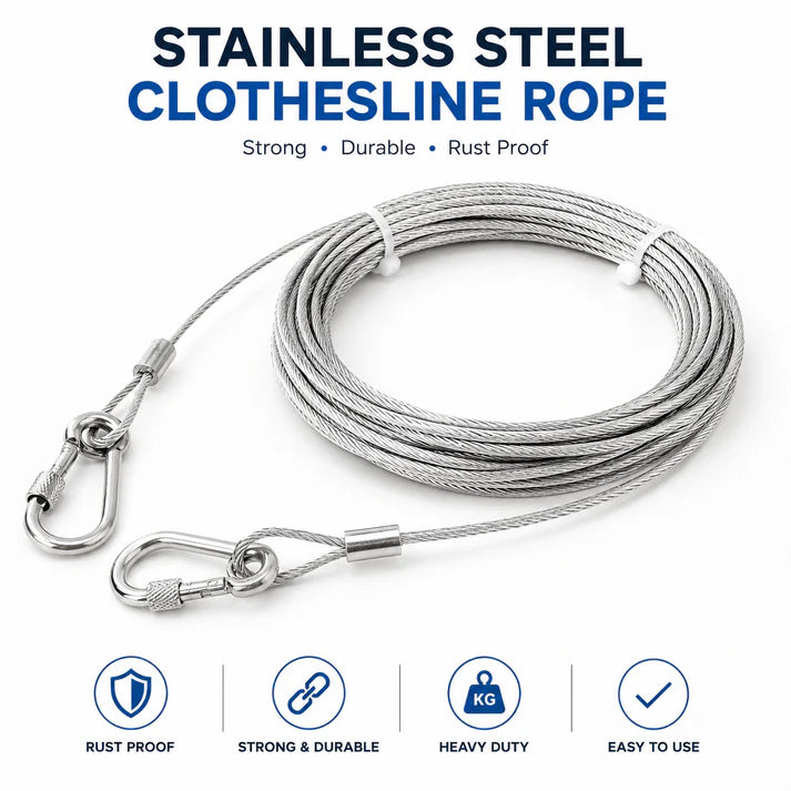 SteelRope™ Stainless Steel Wire Rope Clothesline With Hooks